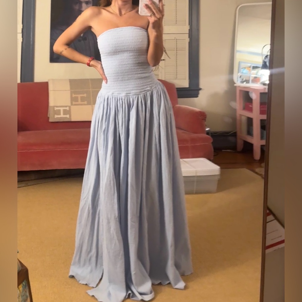 NWT Meshki ‘Maureen’ powder blue cotton shirring strapless maxi dress - Picture 11 of 16